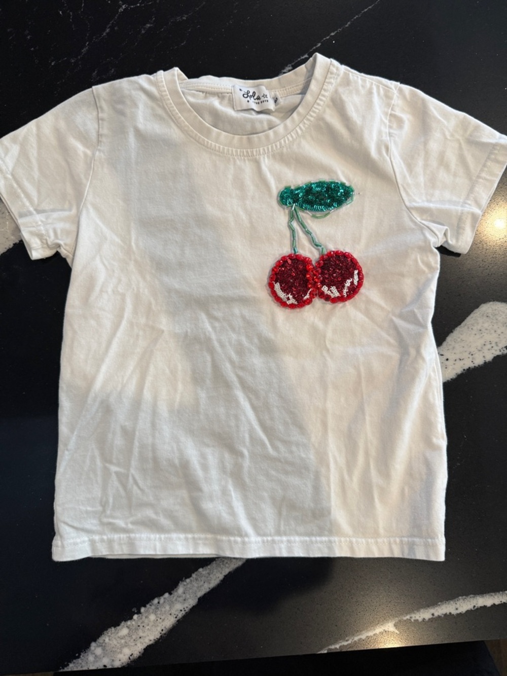 Lola + The Boys White Short Sleeve Tee with Red Sequin Cherries